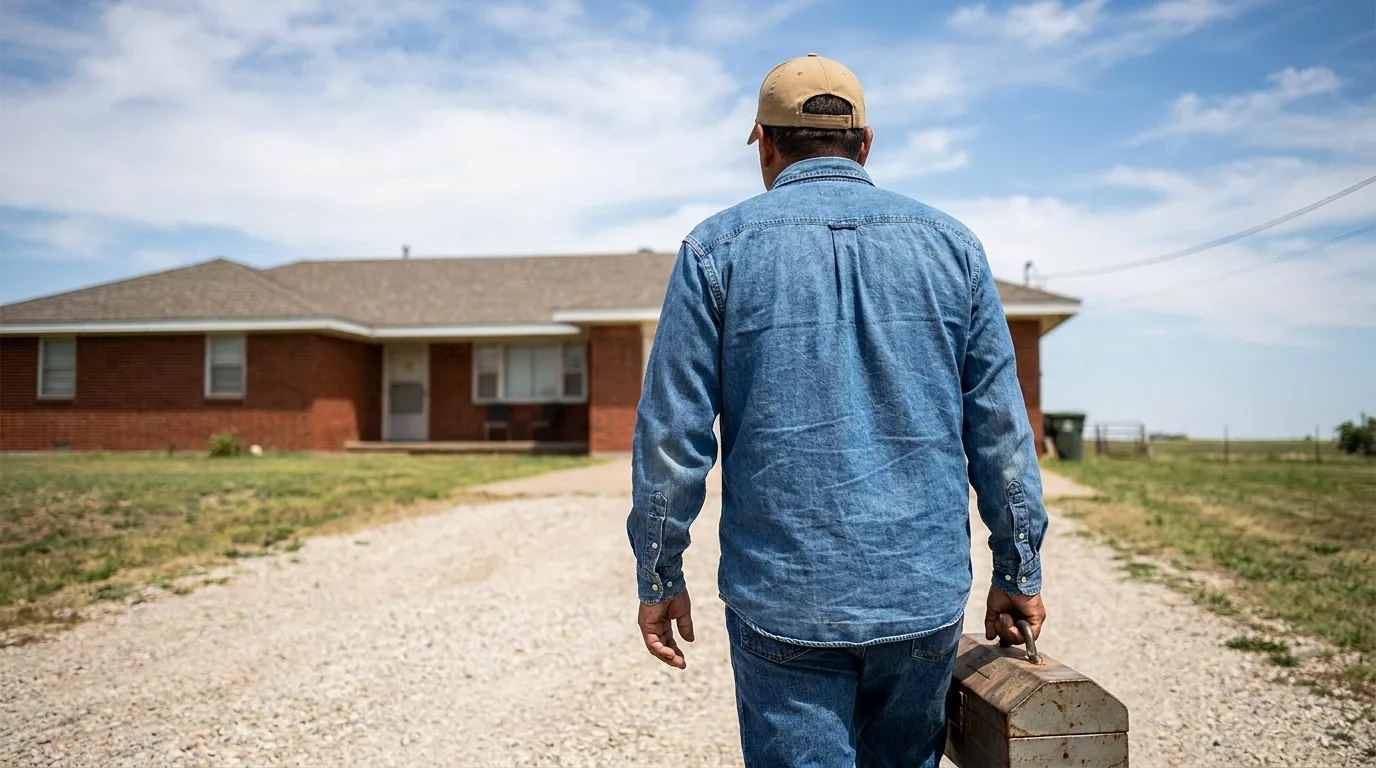 A plumber carries a toolbox up a gravel drive toward a brick house under a wide blue sky