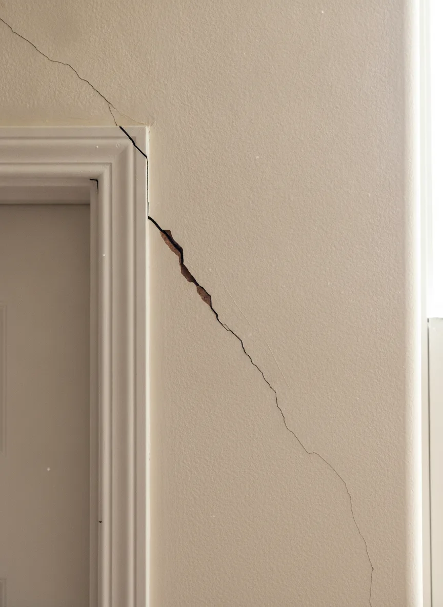 A crack running diagonally across a wall from the top corner of a door frame
