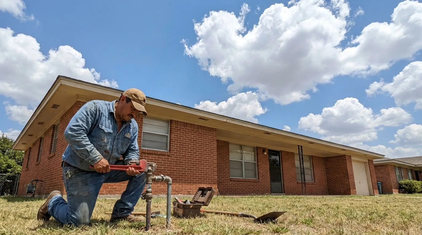 A plumber in a cap and denim shirt kneels on the front lawn of a single-story brick house, turning a red pipe wrench on a water line where it comes up out of the ground, under a big sky full of white clouds