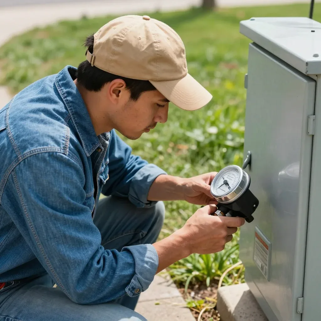 A plumber kneeling on a lawn reads a dial gauge beside a gray metal utility box