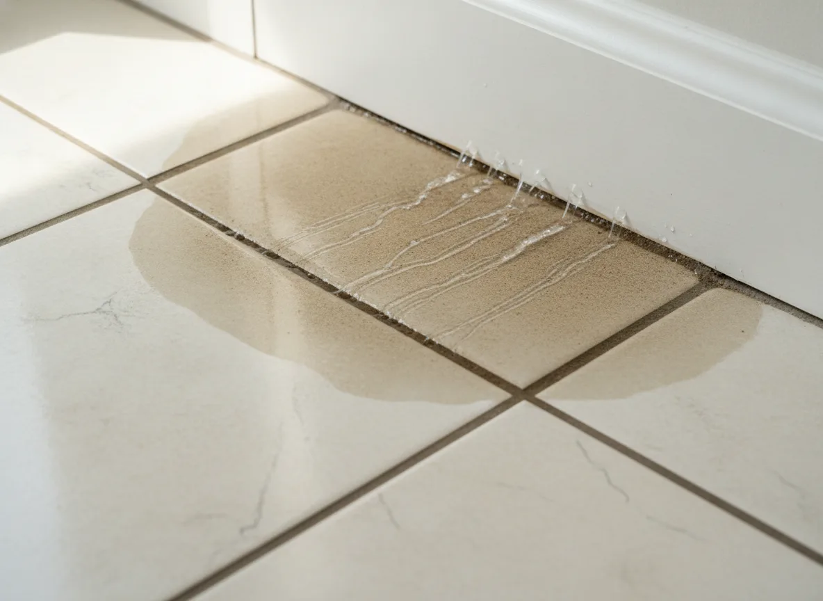 Water seeping out from under a white baseboard and spreading across the floor tiles