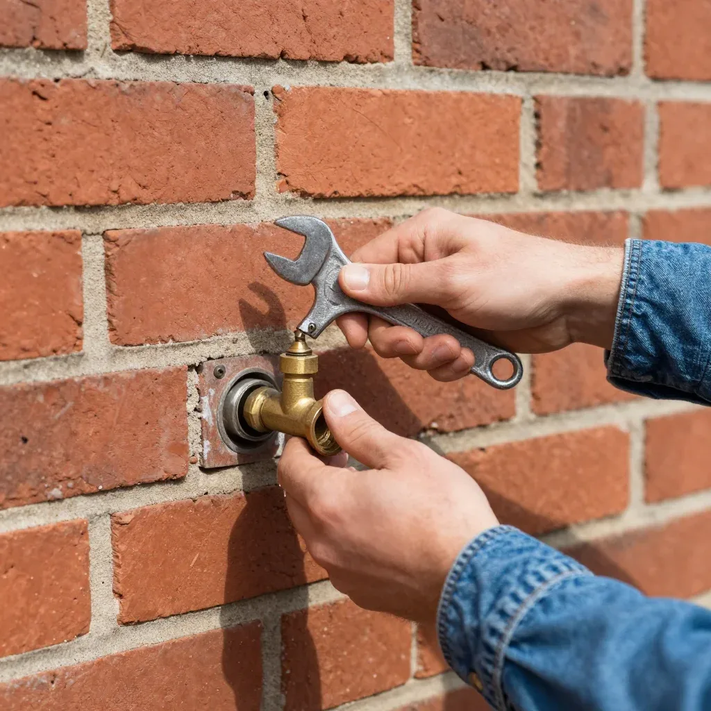 Hands repairing a brass outdoor spigot on a red brick wall, a wrench in one hand
