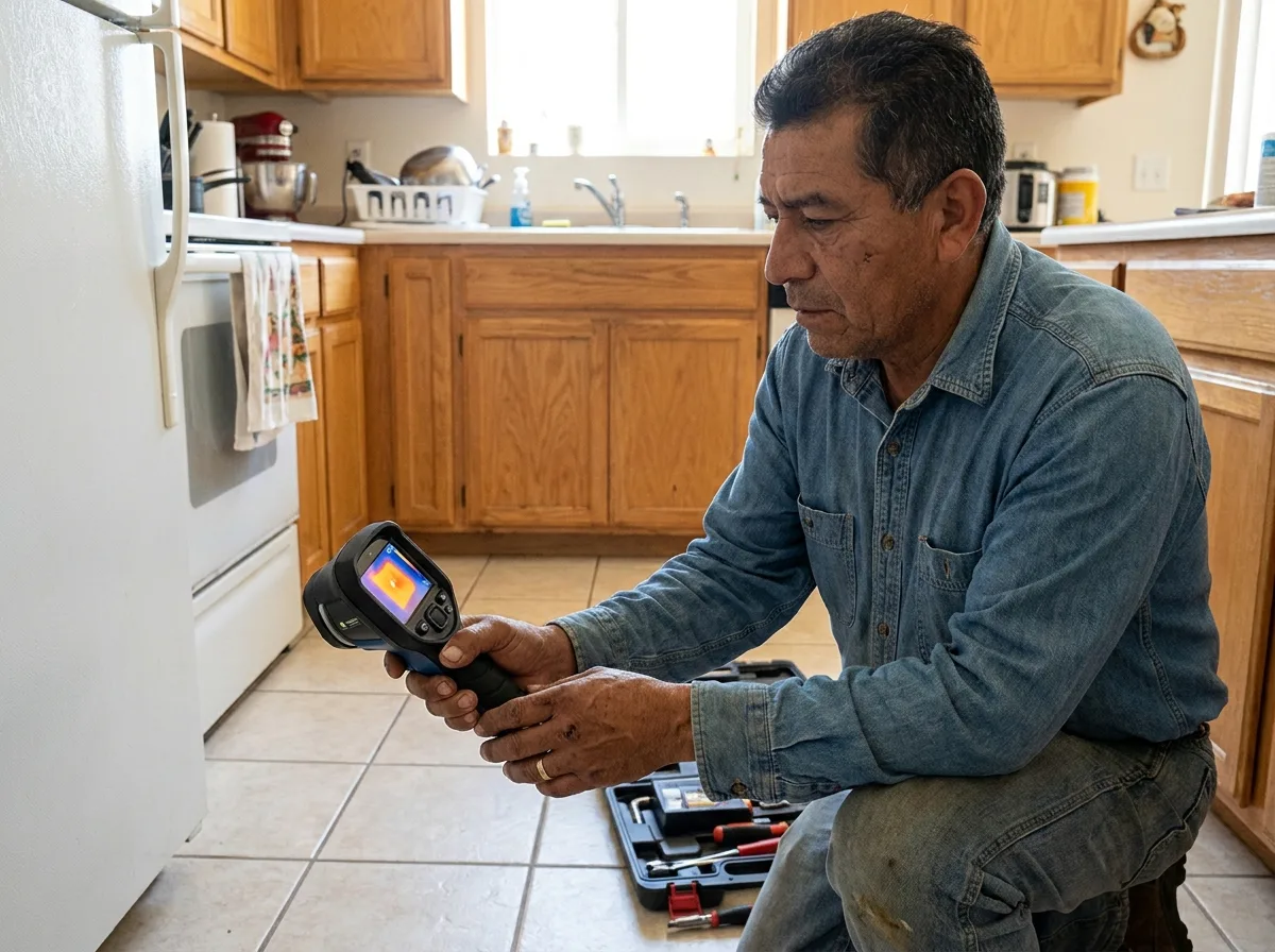 A plumber kneeling on a kitchen floor checks the screen of a thermal imaging camera