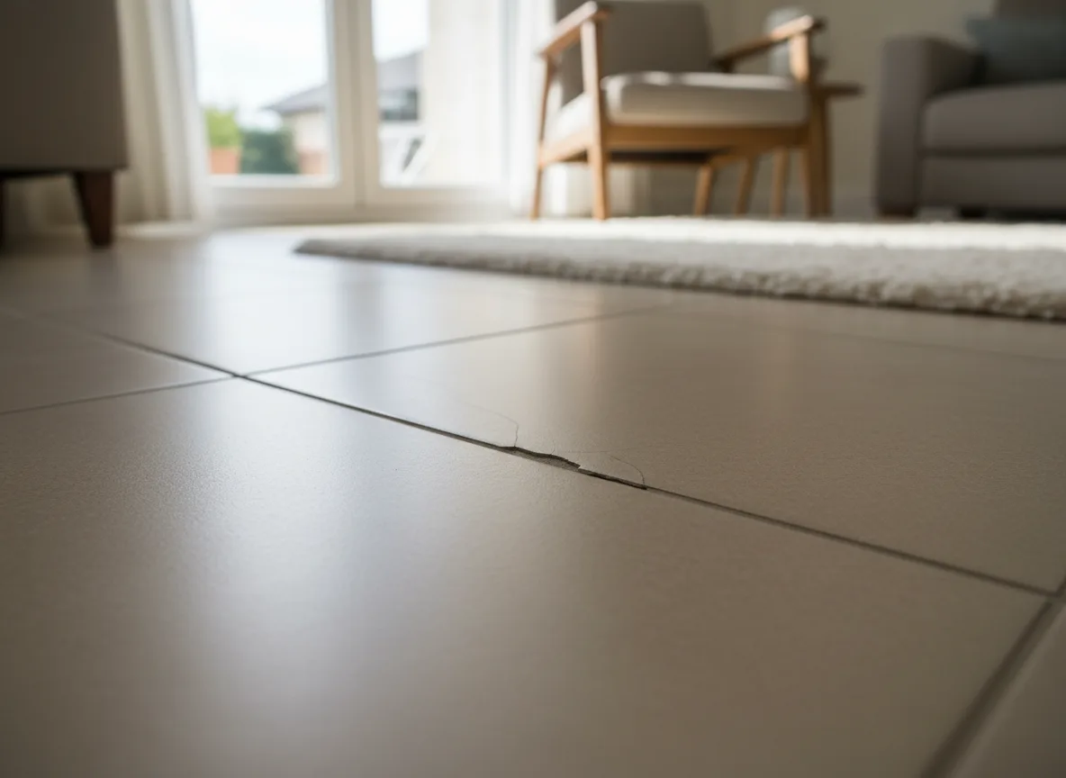 Hairline crack across a floor tile